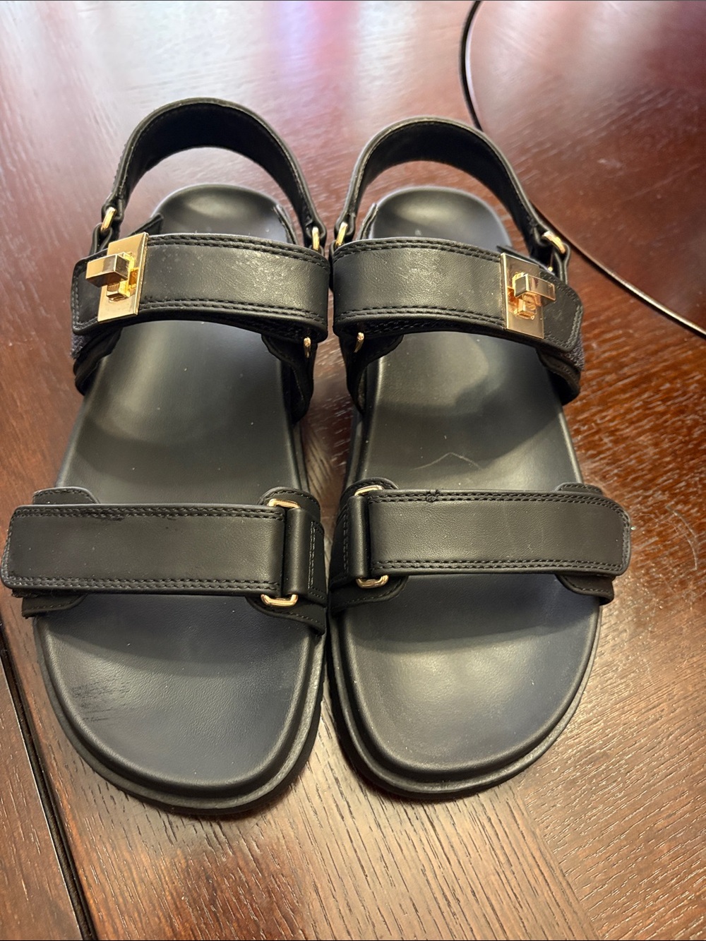 a new day Black Leather Espadrille Sandals with Gold Accents
